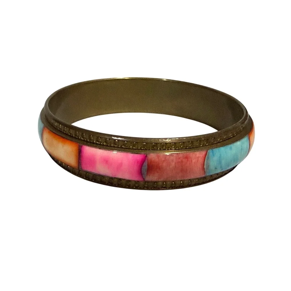 Boho Ethnic‎ Colorful Bangle Bracelet Multicolor Brass Shell Inlay Boho Vibrant